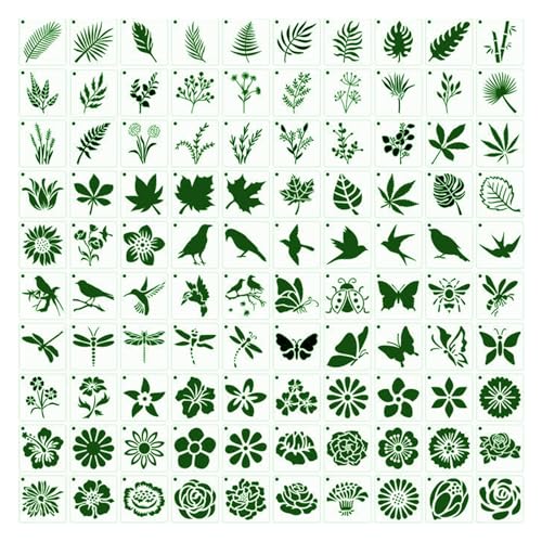 NHGKJU 100 Stück Malschablonen - Blumen, Blätter & Schmetterlinge (5 cm) für Airbrush, Textil & Wandgestaltung PET-Folie Wiederverwendbar Stencil Vorlagen von Nhgkju