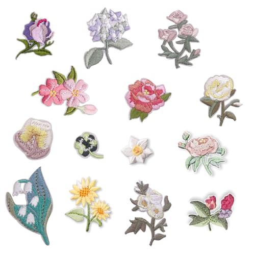 NHGKJU 14er-Set Bügelflicken Blumen - Stickpatches zum Aufbügeln & Aufnähen (Rosen, Veilchen, Hortensien) - Für Kleidung, Taschen & Schuhe - Selbstklebend & Hitzeaktivierbar von Nhgkju