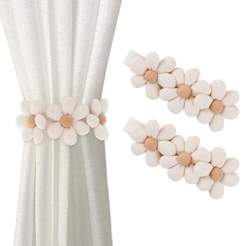 Nhgkju Vorhang Raffhalter 2 Stück – Blumen Druckknopf Gardinenband (45cm, Beige) – Ohne Bohren, Kinderzimmer Vorhänge Binden, Mädchen Deko, Elegant & Einfach von Nhgkju