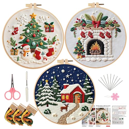 Nhujevkom Christmas Stickerei Set Anfänger, 3 Pieces Stickset Erwachsene, Weihnachten Stickset Für Anfänger, Embroidery Kit, Stick And, Stickbilder Stickrahmen DIY, Kreuzstich Weihnachten Deko von Nhujevkom