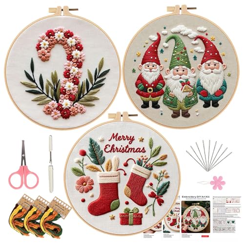 Nhujevkom Christmas Stickerei Set Anfänger, 3 Pieces Stickset Erwachsene, Weihnachten Stickset Für Anfänger, Embroidery Kit, Stick And, Stickbilder Stickrahmen DIY, Kreuzstich Weihnachten Deko von Nhujevkom
