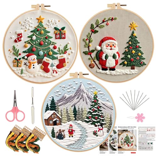 Nhujevkom Christmas Stickerei Set Anfänger, 3 Pieces Stickset Erwachsene, Weihnachten Stickset Für Anfänger, Embroidery Kit, Stick And, Stickbilder Stickrahmen DIY, Kreuzstich Weihnachten Deko von Nhujevkom