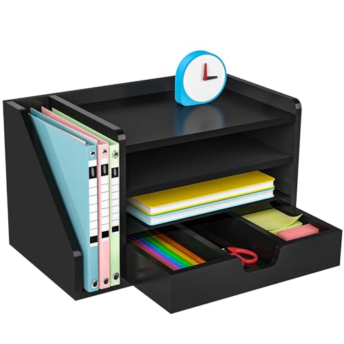NiOffice Schreibtisch Organizer Holz, Dokumentenablage mit Seitlichem Aktenregal, 3 Ablagefächern & Schublade, Briefablage A4 für Büro und Arbeitszimmer, Aktenaufbewahrung und Papierablage (Schwarz) NiOffice Schreibtisch Organizer Holz, Dokumentenablage mit Seitlichem Aktenregal, 3 Ablagefächern & Schublade, Briefablage A4 für Büro und Arbeitszimmer, Aktenaufbewahrung und Papierablage (Schwarz) von NiOffice