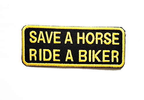 Nipitshop Aufnäher mit Aufschrift "Save A Horse Ride A Biker", bestickt, zum Aufbügeln, für Kleidung, Rucksäcke, T-Shirts, Jeans, Rock, Westen, Schal, Hut, Tasche, Schwarz / Gelb von NiPitShop Text Funny words Motorcycle Biker Patch