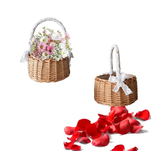 Niaciswe Geflochtener Blumenkorb 2 Stück für Hochzeit - Blumenvase, Streukorb, Blumenkinder Korb, Streukörbchen, Weidenkorb Mini Mit Griffen und Band von Niaciswe