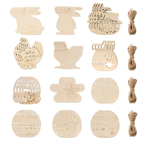 Niaciswe Holzanhänger 48 Stück Bastelset Ostereier holz Oster zum Aufhängen Holz Handwerk Holz Anhänger Holzscheiben Holzeier Osterhase Holzhuhn Holzeier Holzscheiben für Osterfeier DIY Dekor von Niaciswe