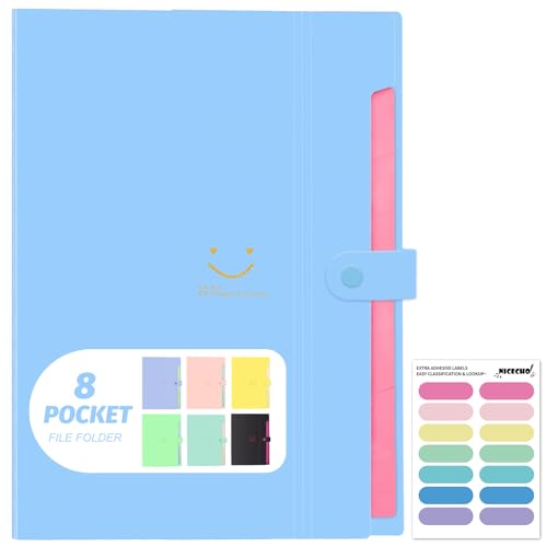 Fächermappe mit 8 Fächern, Akkordeon-Aktenordner, A4, Briefgröße, Papier, Dokumente, Quittungen, Organizer, Akkordeon-Aktenordner für Klassenzimmer, Zuhause, Büro und Reisen (blau) von Nicecho