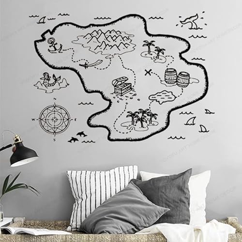 Treasure Map Wandaufkleber Pirate Vinyl Wand Decor 57X40CM - Schatzkarte für Kinder Zimmer Wand Aufkleber - Matt, Schwarz, PVC, Cartoon, Wiederverwendbar, Indoor, Wandaufkleber von NiceeemanN
