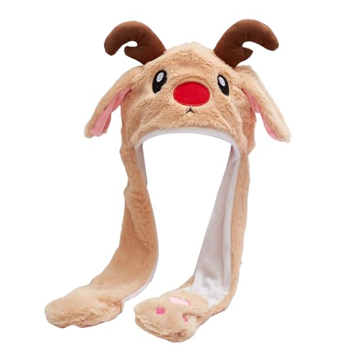 Niceyoeuk Weihnachtsmütze mit beweglichen Ohren, niedlicher Weihnachtsmann-Elch, Plüsch, weich, Winter, warm, Partyhut für Frauen und Mädchen (Rentier, Einheitsgröße) von Niceyoeuk