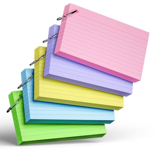 Farbige Karteikarten mit Ring, 7,6 x 12,7 cm, schwere, linierte Karteikarten, Lernkarten für Schul- und Bürobedarf und Heimorganisation, langlebige Notizkarten mit linierten Linien, 250 Stück von Nichela