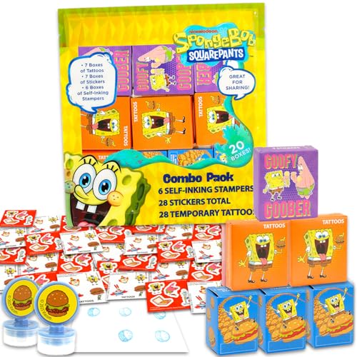 Spongebob Gastgeschenke für 20 Gäste, 20 Stück Spongebob Geschenkboxen mit Aufklebern, Tattoos und Stempeln für Kindergeburtstag, Spongebob Partyzubehör und Dekorationen, Kombi-Pack von Nickelodeon