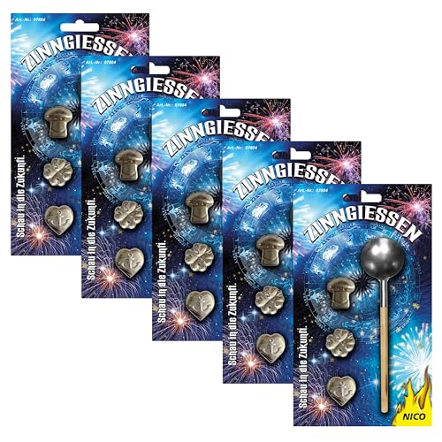 Nico Europe® 5 Sets Premium-Zinngießen mit 15 Figuren & 5 Löffel, Beste Alternative zum Bleigießen von Nico Europe