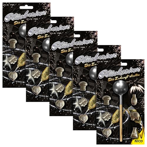 Nico Europe® 5 Sets Premium-Glückszinn mit 30 Figuren & 5 Löffel, Beste Alternative zum Bleigießen von Nico Europe