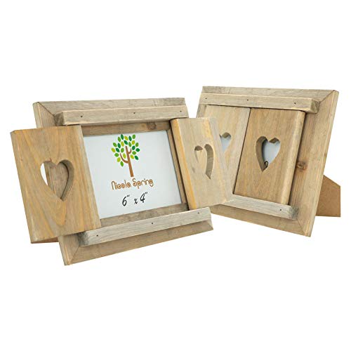Nicola Spring Freistehende Fotorahmen passend für Fotogröße 15 x 10 cm (6 x 4 Zoll) - 2er-Pack - Bilderrahmen mit rustikalen Herzfensterläden aus natürlichem Holz, freistehender Posterrahmen von Nicola Spring