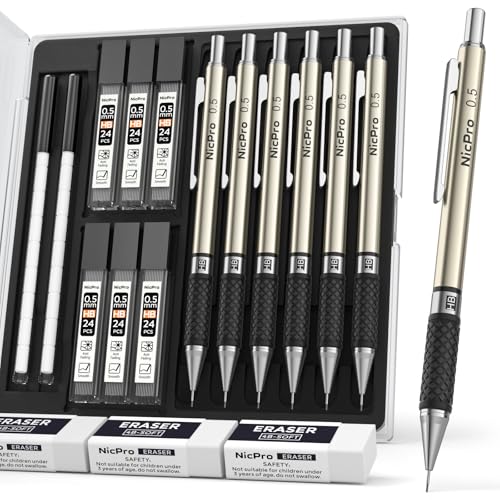 Nicpro 0,5 mm Kunst Druckbleistift Set mit Etui, 6-teiliger 0,5 mm Mechanical Pencil aus Metall mit 6 HB-Minen und 18 Radiergummi-Minen für Erwachsene, Kinder, Künstler zum Schreiben, Zeichnen von Nicpro