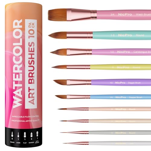 Nicpro 10 Stück Pastell Aquarell Pinsel Set, Professionelle Aquarellpinsel mit Halter und Tasche, Spitz, Rund, Künstler Pinselset für Erwachsene, Anfänger, Aquarell, Tinten, Gouache von Nicpro