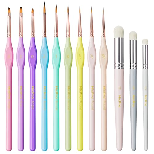 Nicpro 12 Pastell Feine Pinsel, Trockenpinsel, Modellbau Pinsel für Acryl-Aquarellfarben, Detailpinsel und Trockenpinsel Set für Miniaturmalerei, 40k Modell, Citadel, Malen nach Zahlen von Nicpro