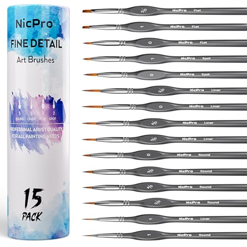 Nicpro 15 Stück Feiner Detail Pinsel, professioneller Künstler pinselset, kleine Miniatur Pinsel Set für Aquarell Öl Acryl, Handwerk, Modelle, Steinmalerei von Nicpro