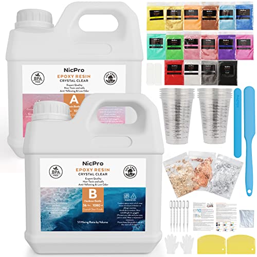 Nicpro 2160ml/ 72 oz Kristallklares Epoxidharz Set, Harz Gießen Set für Basteltischplatten, Schmuckherstellung, Formen, Kunstmalerei mit 16 Glimmerpulver, Messbechern und mehr Nicpro 2160ml/ 72 oz Kristallklares Epoxidharz Set, Harz Gießen Set für Basteltischplatten, Schmuckherstellung, Formen, Kunstmalerei mit 16 Glimmerpulver, Messbechern und mehr von Nicpro