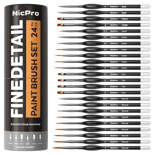 Nicpro 24 Stück Feine Pinsel Set mit feiner Spitze für Mikromodell-Detail Pinsel, für Acryl, Aquarell, Öl, Malen nach Zahlen, Modelle, Miniature, Basteln und Felsmalerei – mit Behälter von Nicpro