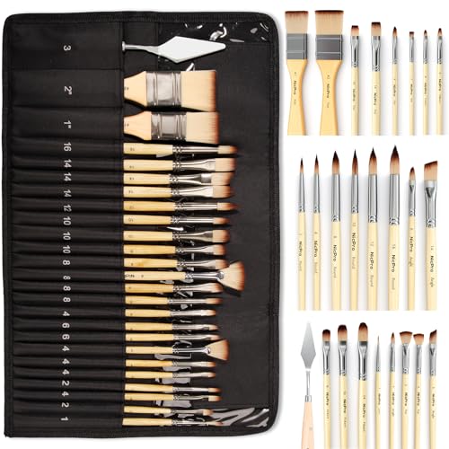 Nicpro 24 Stück Pinsel Set, Expertenqualität, Künstlerpinsel Pinselset Acrylfarben Pinsel, mit Leinwand Tragetasche und Spachtel für Acryl, Öl, Aquarell, Gouache Malerei, Erwachsene und Kinder von Nicpro