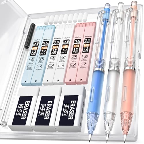 Nicpro 3 Stück Pastell Druckbleistift mit Etui für Schule, 0.5mm Fallminenstift mit 6 Dosen HB Bleistiftminen, Radiergummi, für Schüler Schreiben, Zeichnen, Skizzieren Nicpro 3 Stück Pastell Druckbleistift mit Etui für Schule, 0.5mm Fallminenstift mit 6 Dosen HB Bleistiftminen, Radiergummi, für Schüler Schreiben, Zeichnen, Skizzieren von Nicpro