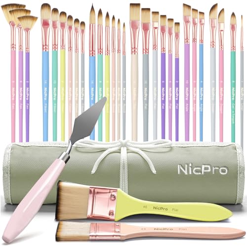 Nicpro 30 Stück Pinsel Set, ästhetische Pastell Pinsel mit Farbspachtel und Stoffrolle, Bastelpinsel für Acrylmalerei, Öl, Aquarell, Gouache, Künstlerbedarf für Künstler und Anfänger von Nicpro