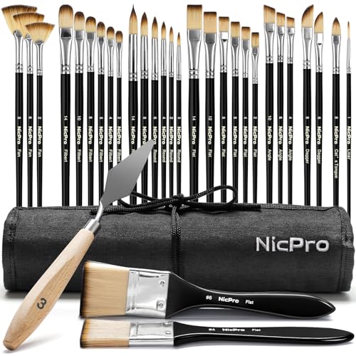 Nicpro 30 Stück Pinselset, professionelle Pinsel mit Farbspachtel und Stoffrolle, Bastelpinsel für Öl, Gouachemalerei, Pinselset Acrylfarben, Aquarellpinsel, Künstlerbedarf für Künstler und Anfänger von Nicpro