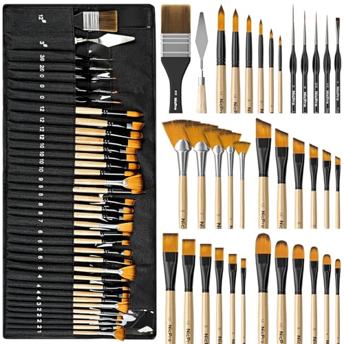 Nicpro 36 Stück Pinselset, professionelle Pinsel mit Palettenmesser und Stoffrolle, geeignet für Acrylmalerei, Öl, Aquarell, Gouache, Künstlerbedarf für Künstler und Anfänger (Holzfarbe) von Nicpro