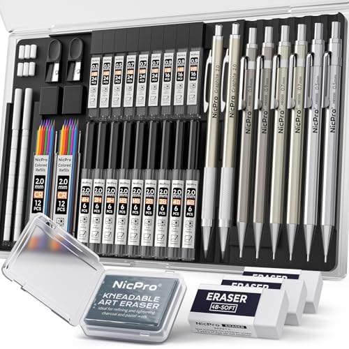Nicpro 37 Stück Druckbleistift Set aus Metall, 8 Zeichenbleistift 0,5, 0,7, 0,9 und 2 mm, Bleistifthalter zum Skizzieren und Zeichnen mit 20 Röhrchen (6B 4B 2B HB 2H 4H Farben), Minen-Radiergummi von Nicpro