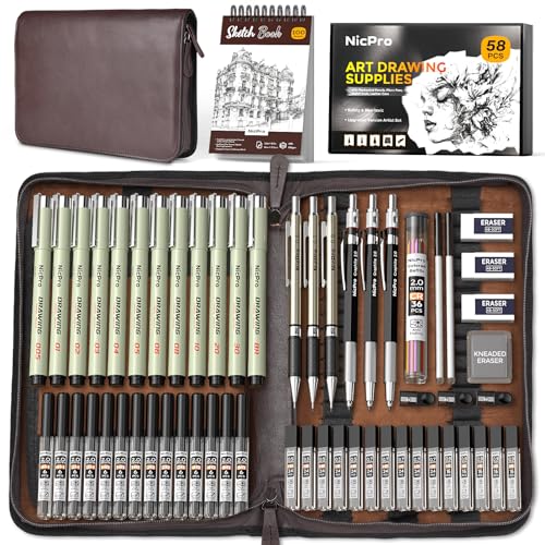 Nicpro 58-teiliges Zeichenset im Lederetui, Druckbleistift Set mit 6 Metall Mechanische Bleistifte 0,5 & 0,7 & 0,9 & 2mm Fallminenstift, 12 Fineliner Schwarz,Skizzenbuch, 30 Röhrenminen zum Skizzieren Nicpro 58-teiliges Zeichenset im Lederetui, Druckbleistift Set mit 6 Metall Mechanische Bleistifte 0,5 & 0,7 & 0,9 & 2mm Fallminenstift, 12 Fineliner Schwarz,Skizzenbuch, 30 Röhrenminen zum Skizzieren von Nicpro