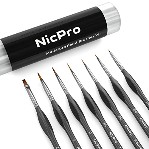 Nicpro 7 Stück Feine Pinsel, Modellbau Pinsel mit feiner Spitze für Acryl, Öl, Aquarell, Modelle, Malen nach Zahlen, Miniaturen, Basteln, Felsmalerei (Schwarz) von Nicpro