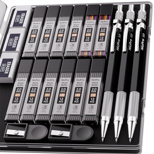 Nicpro Druckbleistift-Set aus Metall, 2 mm mit Etui, 3 Minenhalter, 2,0 mm, mit 144 Minen (4H 2H HB 2B 4B 6B Farbe), Radiergummi, Spitzer zum Zeichnen, Schreiben, Zeichnen, Skizzieren von Nicpro