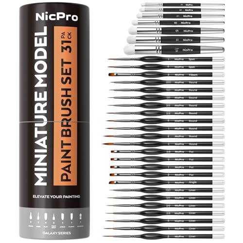Nicpro Feine Pinsel und Drybrush– 31 Stück Modellbau Pinselset für Acryl, Öl, Aquarell, Miniatur Pinsel, Trockenpinsel für Modellbau, Miniaturmalerei, Malen nach Zahlen, Basteln – mit Behälter von Nicpro