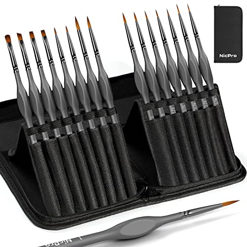 Nicpro Feiner Detail Pinsel Set, 15 Stück Pinselset Malen für Professionelle Künstler für Acryl, Aquarell, Öl, Malen nach Zahlen, Miniatur Modell, Nageldesign, Detailmalereien mit Pop-Up-Tragetasche von Nicpro