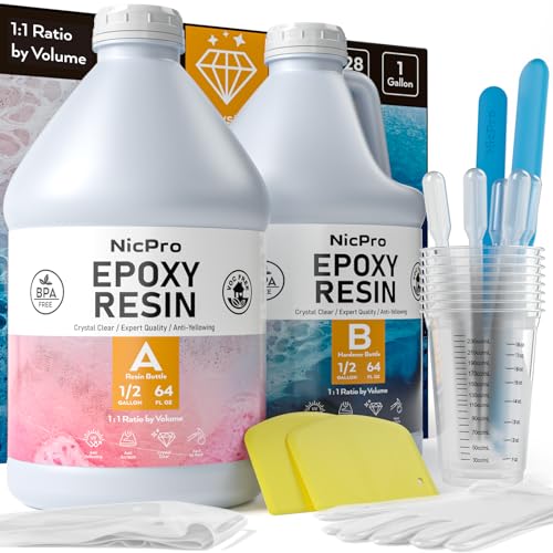 Nicpro Kristallklares Epoxidharz Set 1 Gallon, Epoxidharz zum DIY Schmuckherstellung, Kunsthandwerk, komme mit Mischbechern, Transferpipetten, Silikon-Rührstäbchen, Handschuhen und mehr von Nicpro