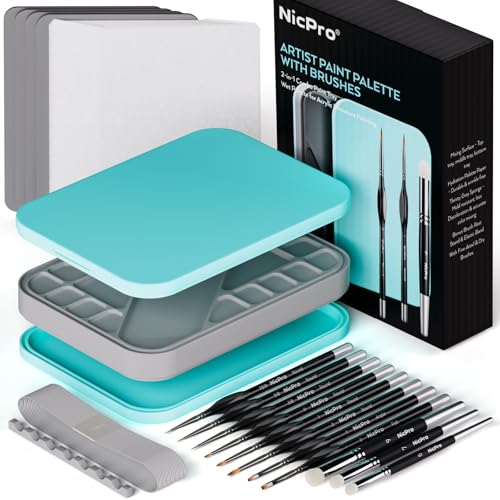 Nicpro Wet Palette und 11 Feine Pinsel, Trockenpinsel, 100 Nasspalettenpapier, 4 Schwämme, Pinselhalter, Mischpalette zum Sparen von Farben für Miniaturmodellmalerei von Nicpro