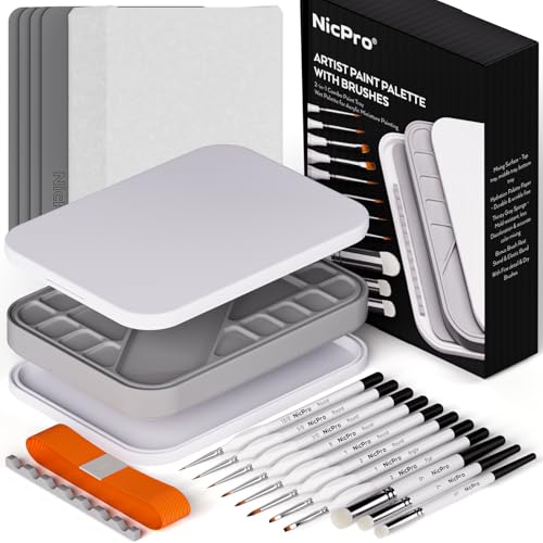 Nicpro Mischpalette mit Wet Palette und 11 Feine Pinsel, Trockenpinsel, 100 Nasspalettenpapier, 4 Schwämme, Pinselhalter, Mischpalette zum Sparen von Farben für 40K-Miniaturmodellmalerei von Nicpro