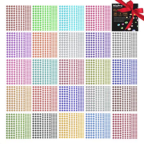 Nicpro Selbstklebende Strasssteine, 4125 Stück Strasssteine, 25 Farben, 3 Größen, Edelstein-Sticker-Strasssteine für Gesicht, Körper, DIY-Kunst, handgemachte Nagelkunst von Nicpro