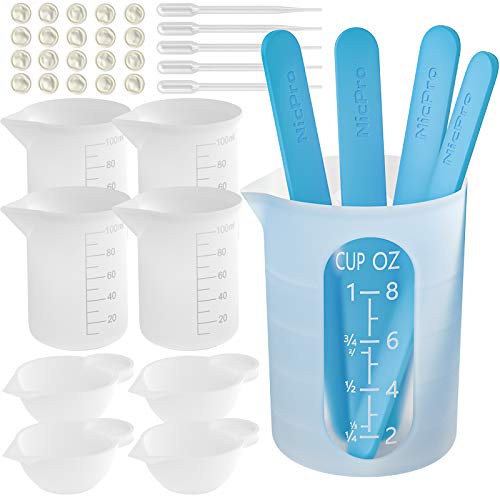 Nicpro Silikon Messbecher Set, 250 ml und 100 ml Mischbecher, Rührstäbe Silikon Becher, Pipetten, Fingerlinge für Epoxidharz, Formen, Wachsen, leicht zu reinigen von Nicpro