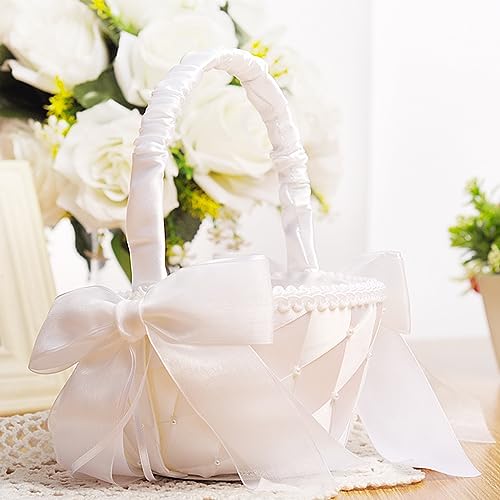 Weißer Blumenmädchenkorb, Hochzeitskorb mit Schleifenband Weißer Blumenmädchenkorb, Hochzeitskorb mit Schleifenband von Nideen