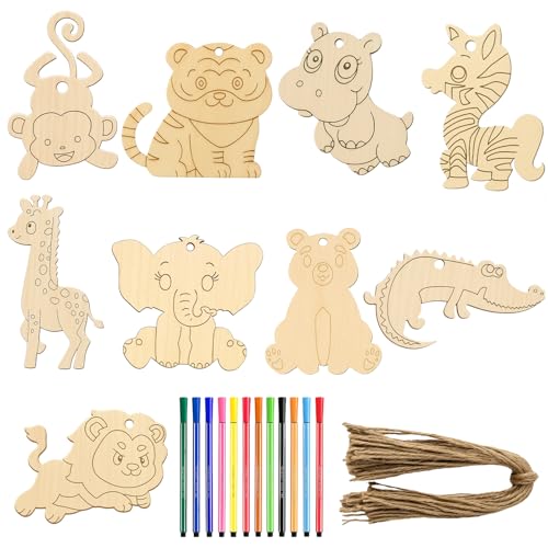 NieYat 66 StüCk Holzfiguren Zum Bemalen Leinsaut Und Aquarellbleistift, HolzanhäNger Zum Bemalen, Kinder Tiere DIY Kreatives Handwerk Geburtstagssatz von NieYat