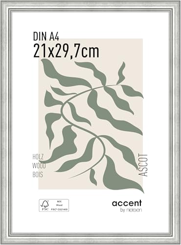 accent by nielsen Bilderrahmen, 21 x 29,7 cm (A4), Holz, Silber, Dokumentenrahmen zum Aufhängen im Hoch- & Querformat, Echtglas, Ascot von accent by nielsen