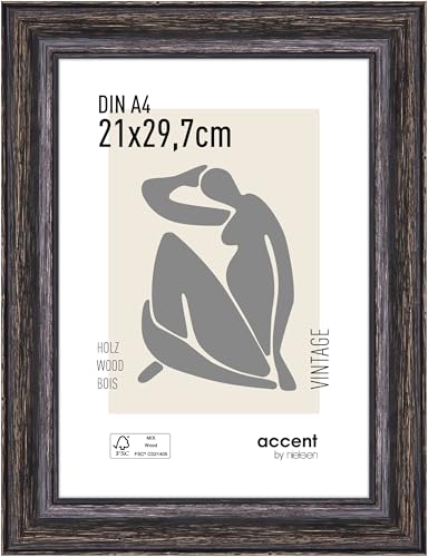 accent by nielsen Bilderrahmen, 21 x 29,7 cm (A4), Holz, Schwarz, Dokumentenrahmen zum Aufhängen im Hoch- & Querformat, Echtglas, Vintage von accent by nielsen