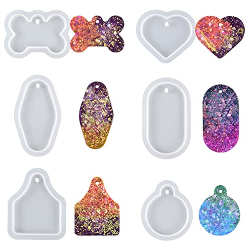Nifocc 6 Stück Hundemarke Schlüsselbund Silikonform Herz Rund Hundeknochen Förmige Epoxidharz Formen Anhänger Schmuck Gussform Pet Tag Kristall Casting Form mit Löchern für DIY Basteln von Nifocc