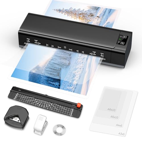 Nigecue Laminiergerät A3, 6 in 1 Laminiermaschine mit 30 Stück A3 A4 A5 A6 Laminierfolien, 60 Sek. Schnelles Aufwärmen, Laminator mit Papierschneider, Eckrunde, Locher für Heimgebrauch Büro Schule von Nigecue