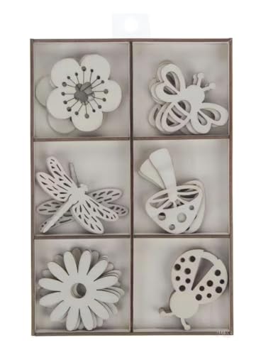 Bugs and Blooms Unlackierte lasergeschnittene Holz-Symbole – Blumen, Bienen, Libellen, Pilze und Marienkäfer – 24 Stück von Nikki's Knick Knacks