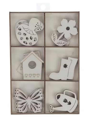 Spring Garden Unlackierte lasergeschnittene Holz-Symbole – Blumen, Schmetterlinge, Gießkannen, Vogelhäuser, Regenstiefel und Pilze – 24 Stück von Nikki's Knick Knacks