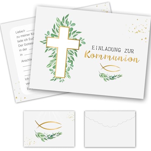 12 Einladungskarten Kommunion Eukalyptus mit Umschlägen, Einladungskarten Konfirmation für Einladungen zur Erstkommunion Jungen und Mädchen Sakrament Taufe Dekoration von Nikolaus