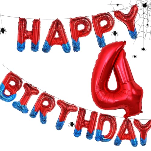 Spinnenmotiv Happy Birthday Banner Party Dekorationen Große Zahl 4 Folienballons Superhelden Party Dekorationen für Jungen von Nikolaus